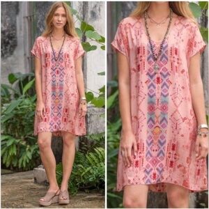 Sundance Silk Southwest Bohemian Mini Dress Boho Tribal Aztec Pink Short Sleeve